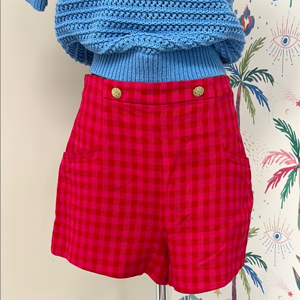 Zara Red & Pink Shorts with Tailored Fit, Pockets and Button details